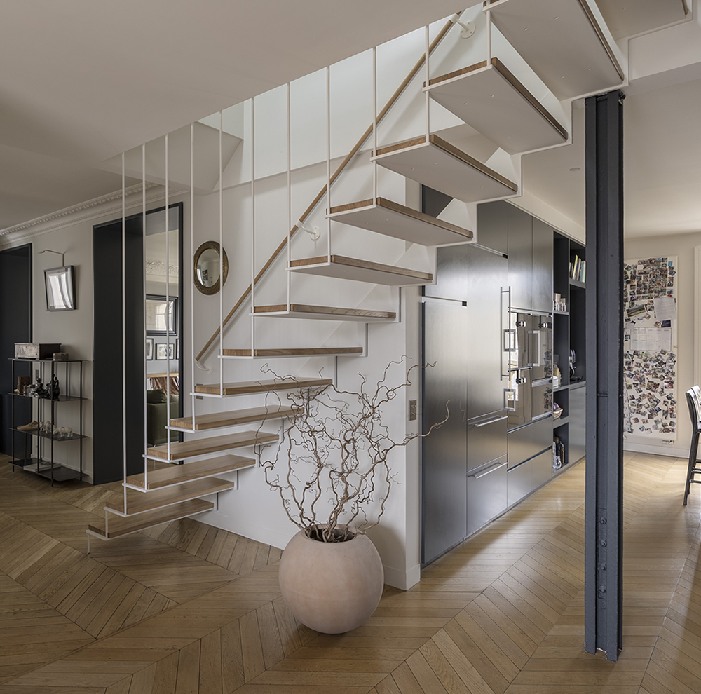 escalier metallique bois structure transparence